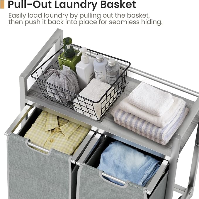 SwaaVee Laundry Sorter, Laundry Hamper with Wooden Top Shelf, 2×14.5Gal(110L), Metal Frame laundry basket with wheels, Pull out and Removable Laundry Bags, 2 Bags-Gray - Image 5