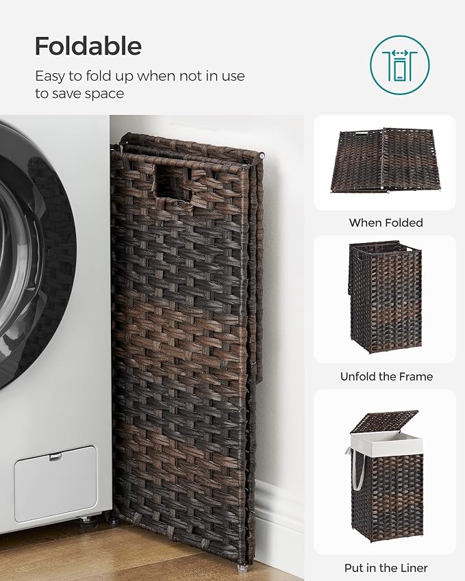 SONGMICS Laundry Hamper with Lid, 17.2 Gallon (65 L) Synthetic Rattan Clothes Laundry Basket with Lid and Handles, Foldable, Removable Liner, Chestnut Brown ULCB165K01 - Image 8