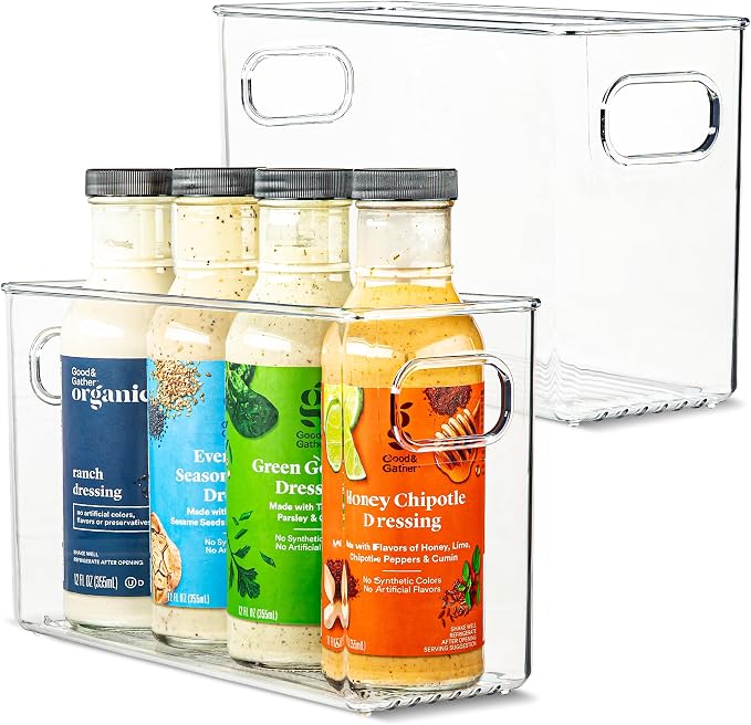 Plastic Food Storage 2 Pack Clear Container Bin with Handles for Organizing Kitchen, Pantry, Refrigerator, Freezer, Pantry, Cabinet, Closet, Bathroom. 10”x4”x6” by primebox