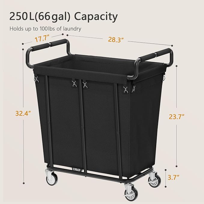 Gewudraw Medium Laundry Hamper with Wheels, 250L, Black | Rolling Laundry Basket, Heavy Duty Rolling Laundry Cart with Handle, Steel Frame, Waterproof Liner, 66 Gallons - Image 3