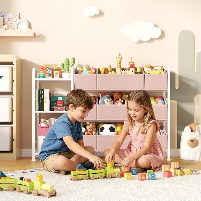 BBLIKE Kids Bookshelf and Toy Storage Organizer with 9 Removable Fabric Bins, Kids Book Shelf & Stuffed Animal Storage Rack for Playroom, Bedroom, Nursery, Pink - Image 2