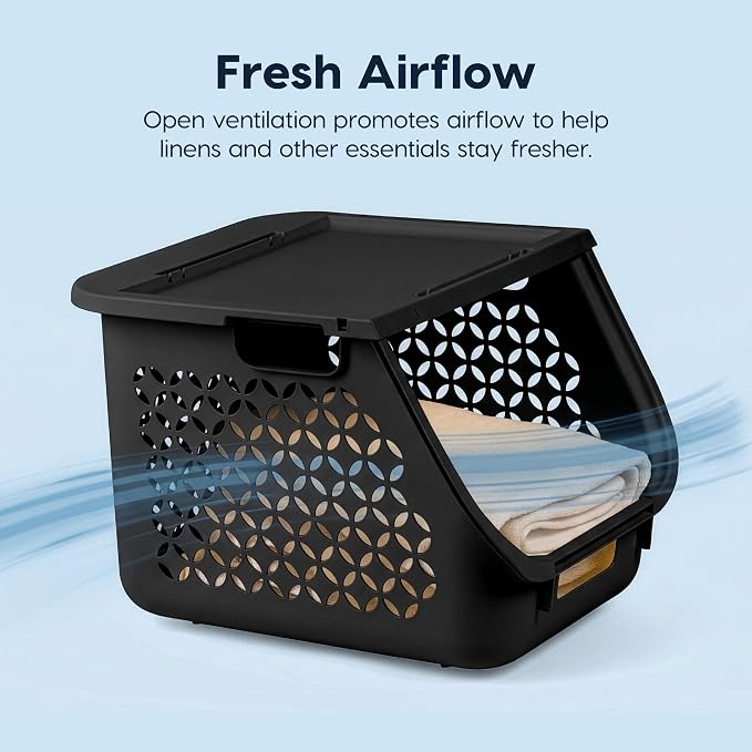IRIS USA Laundry Basket Hamper, 40L - 3 Pack, Sorter Bin with Lids, Black | Stackable, Open Front, Built-In Handles, Ventilation, - Image 3