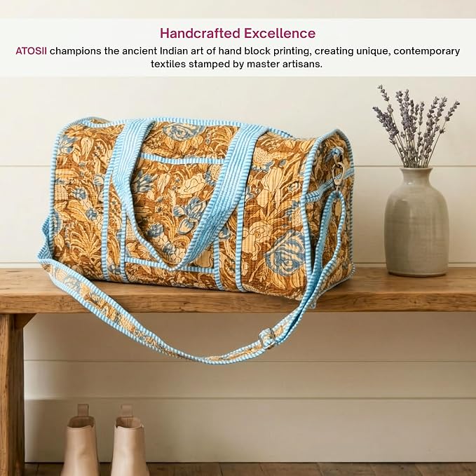 ATOSII Large Duffle Bag, Handblock Print 100% Quilted Cotton for Overnight Trip, Travel Weekender, Luggage, 2 Pockets with Zipper, 1 Front Pocket, Detachable Long Strap, 20 X 10 X 12 Inches, Sienna - Image 6