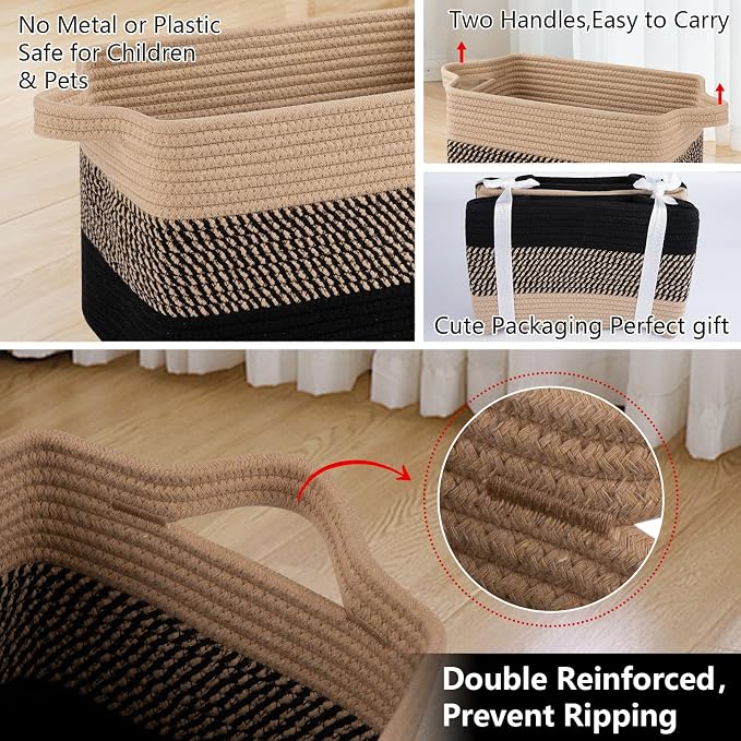 OIAHOMY Woven Storage Basket, Cotton Rope Baskets for Toys,Towel, Clothes, Used to Bathroom,Living Room,Nursery,Bedroom, 16"x12"x10"- Pack of 3, Black & Brown - Image 6