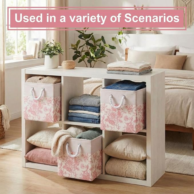 LemonRoad 6 Pcs Pink Floral Cube Storage Bins 11.22 Inch Square Storage Basket with Handle, Preppy Girls Organizer Basket, Collapsible Fabric Box for Classroom Bedrooms Office Home Decoration Gift - Image 5