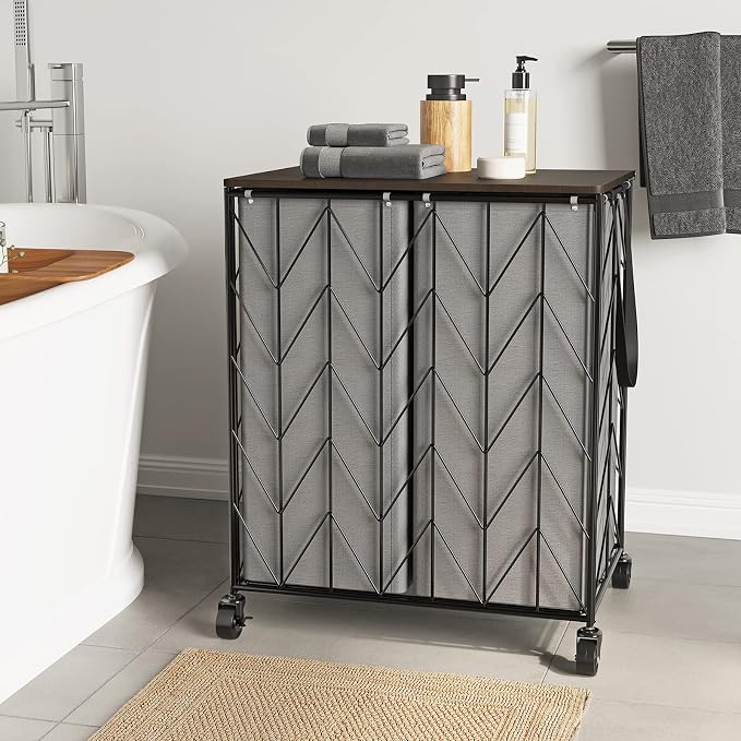 WOWLIVE Double Laundry Hamper with Lid, Rolling Laundry Basket with Wheels | Heavy Duty Wire Clothes Hamper with Divided Removable Bags, Large Iron-Made Laundry Sorter Laundry Room Organization, Grey - Image 2