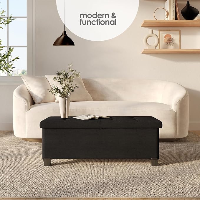 Storage Ottoman Bench with Bins, 43-in Storage Bench for Bedroom End of Bed, Folding Foot Rest Ottoman for Living Room Max 660lbs, Fabric Ottomans, Black - Image 2