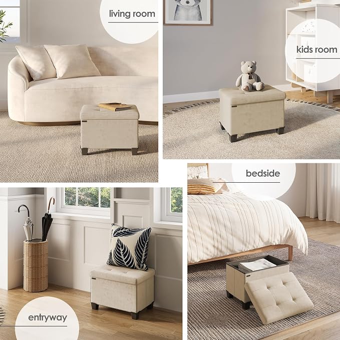 Storage Ottoman Cube with Small Bin, 16-in Square Ottoman with Storage for Living Room and Bedroom, Small Ottomans Foot Rest, Velvet Foot Stools Ottomans Max 330lbs, Beige - Image 4