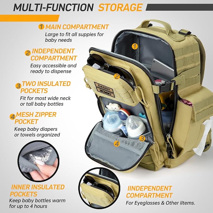 SHARKMOUTH Military Diaper Bag for Dad - Insulated Baby Diaper Backpack with Patches for Hiking Travel Camping - Baby Shower Gifts Tan - Image 6