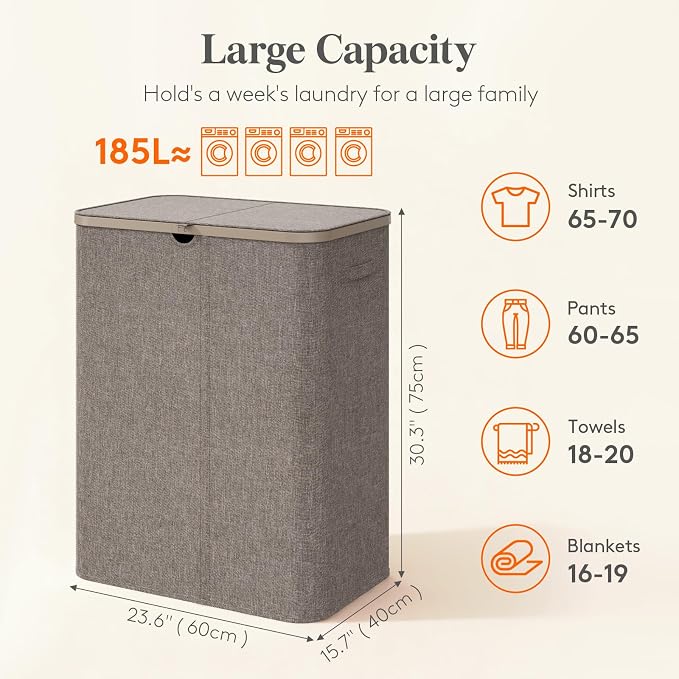 Lifewit 185L 3 Section Laundry Hamper with Lid, Laundry Basket, Brown | Large Foldable Laundry Sorter with 3 Removable Bags, Tall Clothes Hamper for Bedroom and Bathroom - Image 2