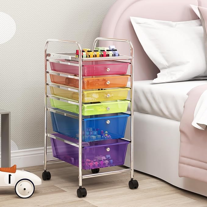 GOFLAME 6-Drawer Rolling Storage Cart, Multifunctional Art Craft Organizer Cart, Mobile Utility Storage Cart with Removable Drawers & Lockable Wheels, Craft Cart for Home Office, Rainbow - Image 7