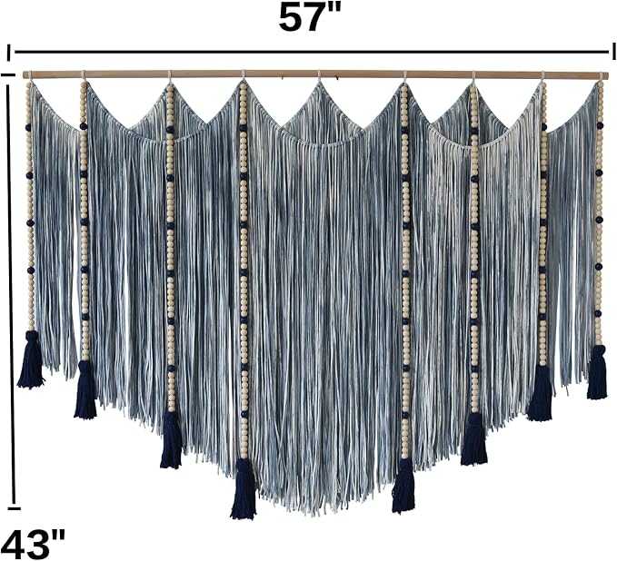 Jakalin Macrame Wall Hanging Blue Dip Dye Bead Boho Home Decor 57"x43" | Blue Dip-dye Cotton Cord, Handwoven Beadwork, Artisan Texture, Modern Boho Wall Decor, Home Accent Yarn Fiber Wall Art - Image 5