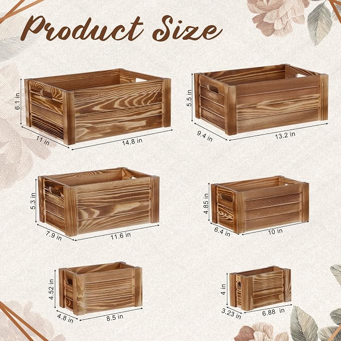 AceOrbit 6 Pcs Decorative Wood Crates for Storage Display 6 Size Rustic Nesting Crates with Handle Farmhouse Wooden Container Boxes for Wedding Bride Shower Party Market Farmers Decor(Wood Color) - Image 2