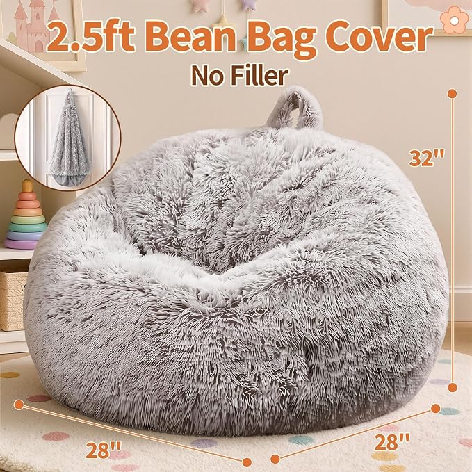 Stuffed Animal Storage Bean Bag Chair Cover, Soft Bean Bag Cover | Fluffy Faux Fur Stuffed Animal Storage Chair, Non-Slip Bottom, Fill with Plush Toys or Blankets, for Kids Teens Adults Girls - Image 2