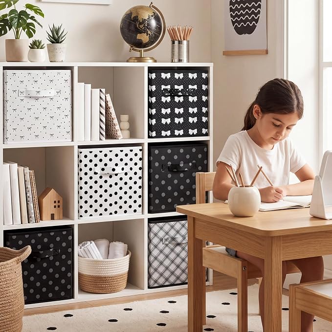 Glooglitter 6 Pcs Coquette Black Bow Storage Bins with Handles 11 Inch Foldable Classroom Storage Cubes Polka Dot Organizer Baskets Black and White Collapsible Organizer Bins for School Classroom Dorm - Image 8
