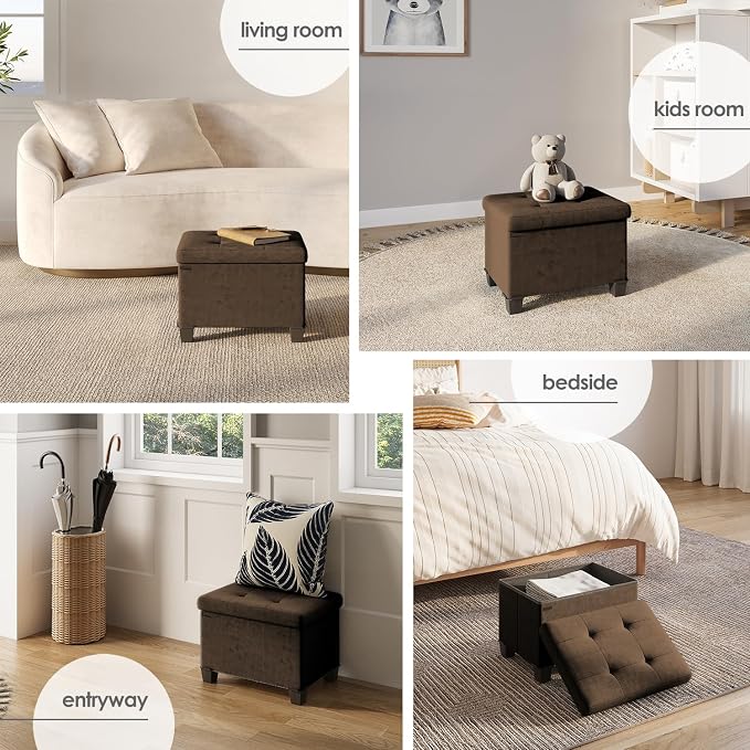 Storage Ottoman Cube with Small Bin, 16-in Square Ottoman with Storage for Living Room and Bedroom, Small Ottomans Foot Rest, Velvet Foot Stools Ottomans Max 330lbs, Brown - Image 4