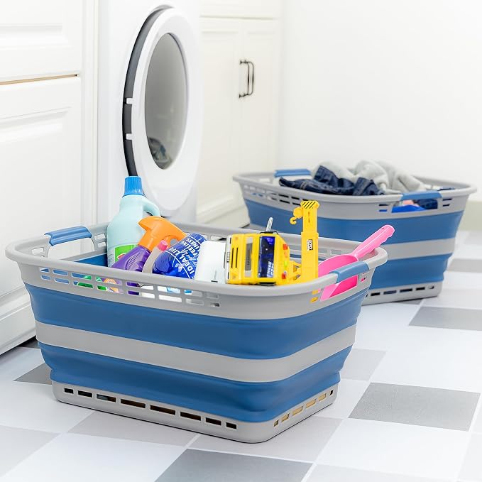SAMMART 42L (11 gallons) Collapsible Plastic Laundry Basket - Portable Pop Up Storage Container/Organizer - Portable Hamper - Space Saving Easy Storage (Grey/Mist Blue (Set of 2)) - Image 7