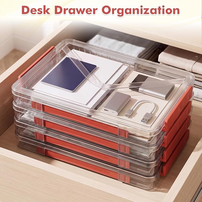 5 Pcs Clear File Storage Box Portable Paper Case with Lid Handle,Red - Image 3