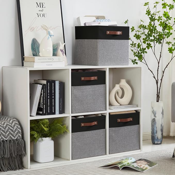 Collapsible Fabric Storage Cube Bins with 2 Reinforced PU Handles, Foldable Storage Organizer Baskets for Closet, Shelves, Living Room | 13"x13"x13", 4 Pack, Black & Gray - Image 2