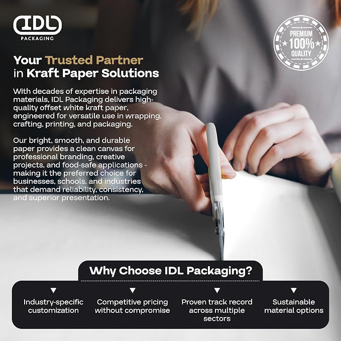Extra White Offset Kraft Paper Roll 18" x 1200" (100 ft) – USA-Made 50lb Premium Eco Paper, Brighter-Than-Standard White – Ideal for Packing, Wrapping, Arts & Crafts, School Projects by IDL Packaging - Image 6