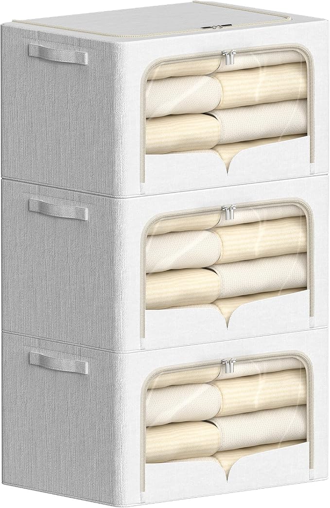 FHSQX 3 Pack Clothes Storage Bins Foldable Metal Frame Storage Box Stackable Linen Fabric Container Organizer Set with Carrying Handles and Clear Window (Cream White, 15.7x11.8x7.8inch(22L)) by FHSQX