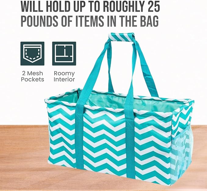 Extra Large Utility Tote Bag - Oversized Collapsible Reusable Wire Frame Rectangular Canvas Basket With Two Exterior Pockets For Beach, Pool, Laundry, Car Trunk, Storage - Chevron Teal - Image 5