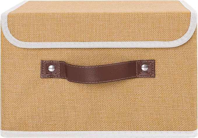 ANMINY Fabric Storage Box Bins with Lids, Khaki, 10"x8"x7" | Keepsake Memory Storage, Cotton Linen, PP Board Reinforced, Washable, PU Handles, Foldable & Stackable, Decorative, Small - Image 2