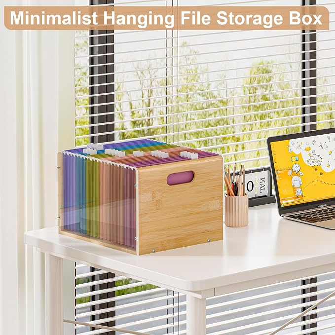 Sbanmao Letter/Legal Bamboo Acrylic File Box Organizer, Hanging File Folder Storage Boxes, Decorative Document Crate Transparent Filing Bin with Handle for Home Office Desk - Image 10