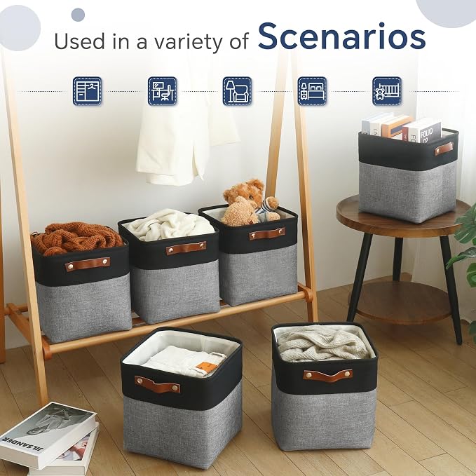 FinishingBo 11 inch Cube Storage Bin 6 Pack, Cube Organizer Bins | Fabric Storage Bins With Handles, 11x11 Storage Cubes, Shelf Basket, Black/ Gray - Image 7