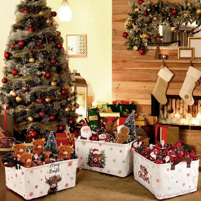 CHENGU 6 Pack Christmas Storage Basket Collapsible Christmas Basket for Gifts Highland Cow Holiday Decor Large Red Truck Bin Foldable Xmas Tree Box with Handle for Bedroom Office Home - Image 7
