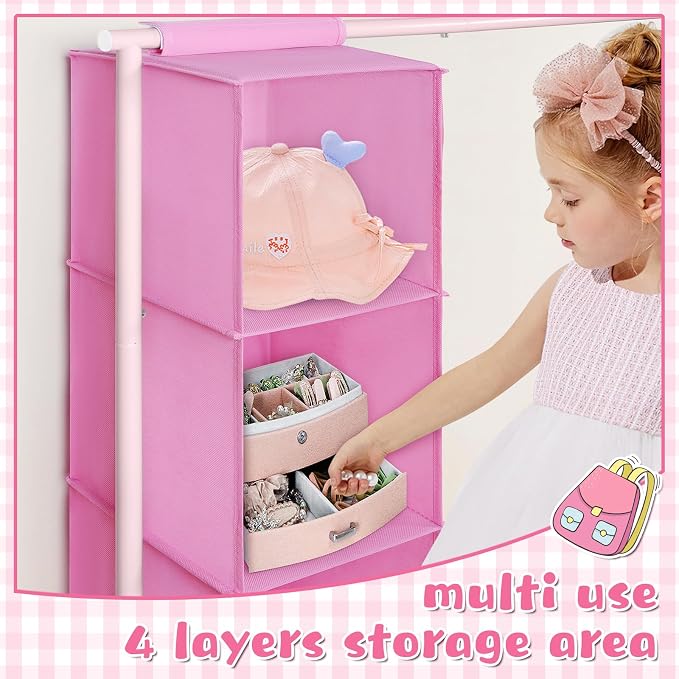 Univivi Kids Clothing Rack with Hanging Organizer, 43 Inch Tall, Pink | Toddler Dress Up Storage with Bottom Shelf, Sturdy Metal Baby Clothes Rack, Dress Up Closet for Nursery, Playroom, Bedroom - Image 4