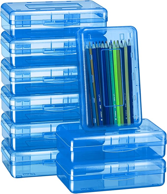 Fainne 24 Pack Clear Plastic Pencil Box,Blue | Stackable Organizer for School Supplies, Large Case for Crayons Markers, Snap-lid Keeps Stationery Secure, Bulk Set by Fainne