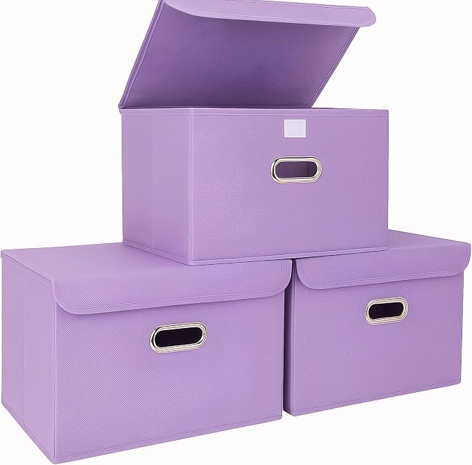 STOREONE Fabric Storage Cube Bins Foldable Organizer Container Collapsible Basket with Lids and Metal Handles, for Home, Bedroom, Closet 3 Pcs (multicolour-purple) by STOREONE