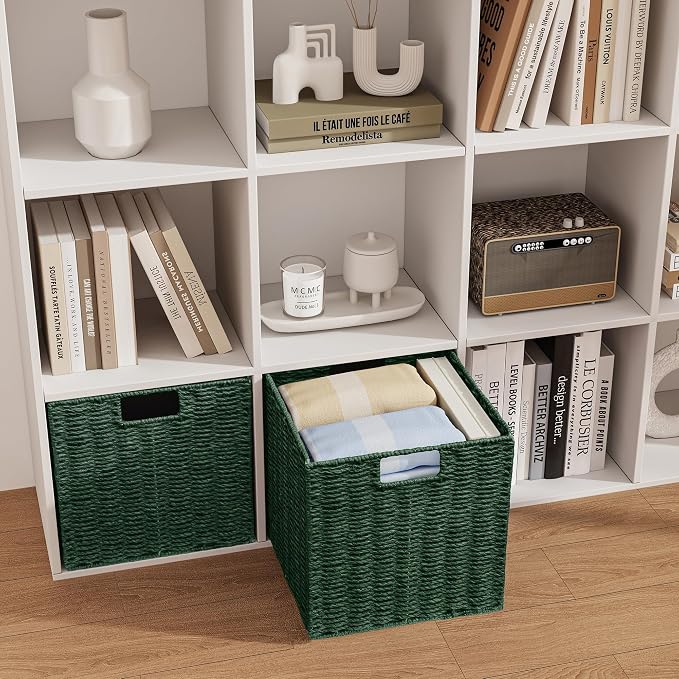 Wicker Storage Basket, Set of 2 Hand-Woven Paper Rope Wicker Baskets, Foldable Cube Storage Bins, Square Storage Baskets for Organizing Shelves & Decor, Green (11″×11″×11″) - Image 3