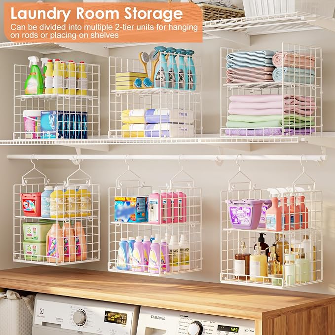 Yuyetuyo 6 Tier Raised-Height Hanging Closet Organizer, Stackable Sweater Organizer for Closet, Wire Storage Basket Bins for Clothes Purse Shoes, Hanging Shelves with 4 Hooks & 3 Dividers Adjustable - Image 2
