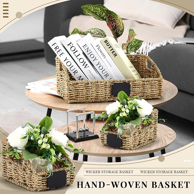 4 Pcs Natural Seagrass Storage Baskets Set Stackable Handwoven Wicker Storage Bins with Chalkboard Label Built-in Handles Woven Container Basket Kitchen Baskets for Shelves - Image 4
