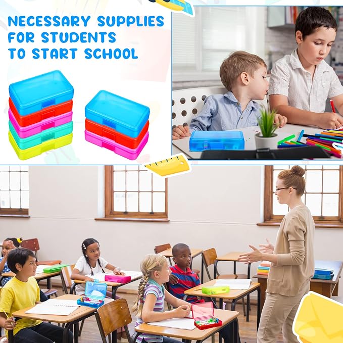 Zhehao 20 Pack 8''x5.5''x2'' Clear Pencil Boxes with Lids,Colorful | Bulk Clear Plastic Pencil Box, Stackable Crayon Pencil Case for Students, Large Pen Boxes for Kids, Back to School Supplies - Image 6