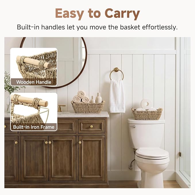 StorageWorks Small Baskets for Shelf, Seagrass Woven Basket for Gifts | Wicker Storage Baskets for Shelves, Baskets with Wooden Handles, 2-Pack Gifts Basket for Home Decor, Hand-Woven Basket - Image 4