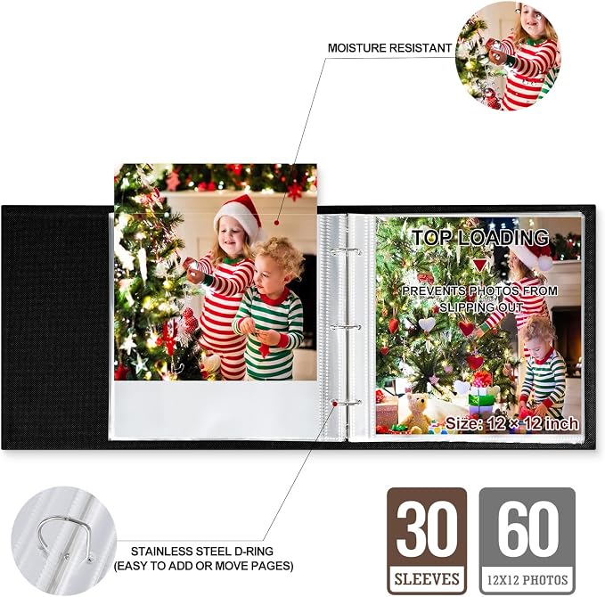 Lanpn 12x12 inch Scrapbook Photo Album, Linen Cover Archival Acid Free Top Load 3 Ring Binder Folder Photo Book 12 x 12 with 30 Plastic Sleeves 60 Pages (Beige) - Image 4
