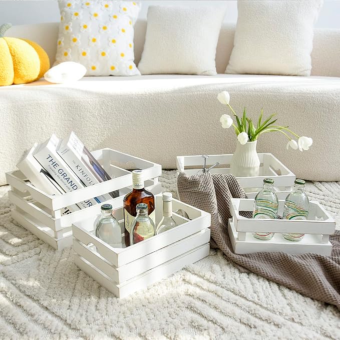 Large Wooden Crates Set of 4 Decorative Storage Box with Handles, Rustic Whitewashed Farmhouse Wooden Crates for Display, Living Room Container Baskets Box for Kitchen, Pantry, Bedroom - Image 3