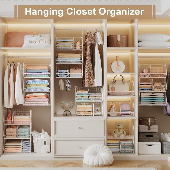 3 Tier Extra Large Closet Hanging Shelves with Divider, 16.5"L x 11.8"W x 33.6"H Closets Organizers and Storage with 5 S Hooks, Clothes Organizer for Sweaters Shoes Handbags Clutches Accessories-White - Image 6