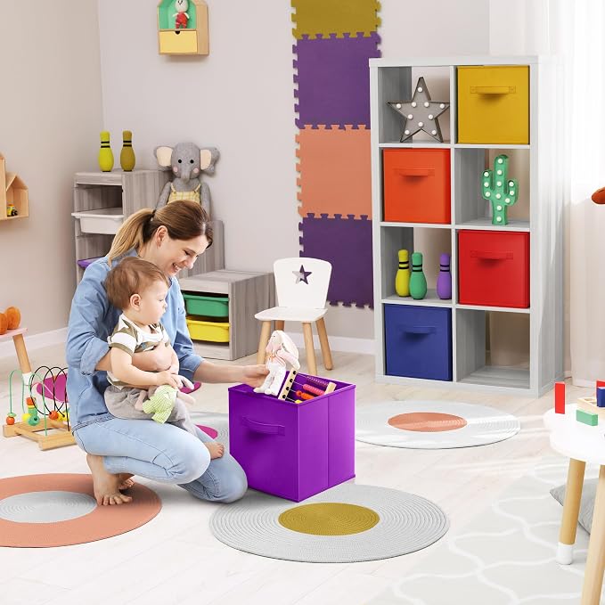 Sorbus 11 Inch Fabric Storage Cubes - Sturdy Collapsible Bins With Handle - 6 Foldable Baskets for Organizing Clothes, Toys, Books - Multi Colored Storage Baskets for Shelves, Kids Room, Closets - Image 4