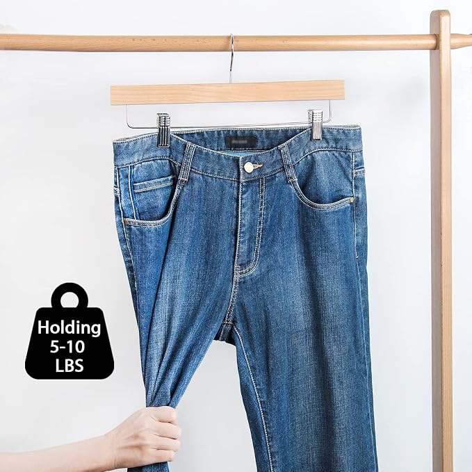 Nature Smile Deluxe Wooden Pants Hangers,Solid Lotus Wood Jeans Skirt Hanger with Clips Anti-Rust Hook Pack of 28（Natural） | Solid Wood Bottom, Jeans Hanger, Skirt Hanger, 2-Adjustable Clips - Image 7