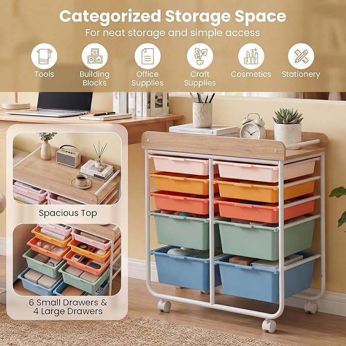 Rolling Storage Cart with 10 Drawers, Plastic Large Capacity Craft Organizer on Wheels with Wooden Top, Mobile Art Supply Utility Cart for Classroom, Home, Office - Image 4
