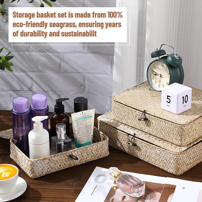Didaey Set of 4 Seagrass Basket with Lid Wicker Storage Basket Decorative Storage Boxes with Lids Flat Storage Bins Woven Organizer Baskets for Shelf Closet Bedroom, 4 Sizes (White) - Image 4