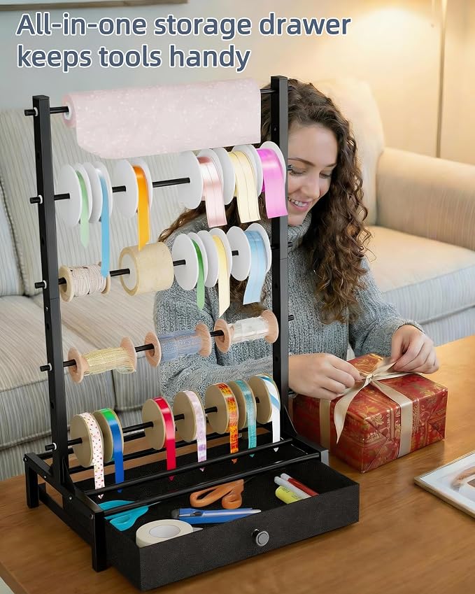 Ribbon Organizer with Fabric Drawer, Adjustable 5-Tier Ribbon Holder Rack | Stores Gift Wrap Ribbons, Craft Supplies, and Wrapping Tools with a Stable Metal Design for Easy Organization - Image 3