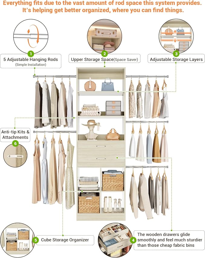 Besiost Small Closet System, 3.2-6.8FT Small Closet Organizer with 5 Hanging Rods, Can Fit 37.5 to 81.9 inch Walk-in Closet System, Built-in, Greige Oak, Enclosed Storage Volume 2.32 ft³ - Image 5