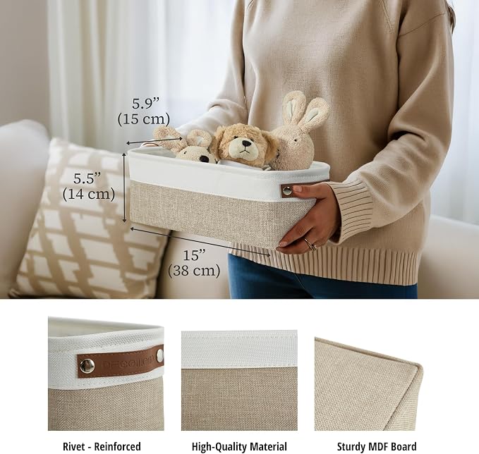 DECOMOMO Narrow Storage Bins, Small Storage Baskets for Shelves 4 Pack | Baskets for Organizing Bathroom, Toilet Tank, Gifts (Beige & White) - Image 3