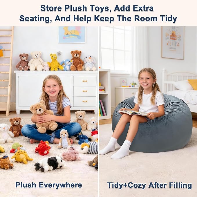Lukeight Stuffed Animal Storage Bean Bag Chair Cover for Teens, Velvet Plush Toy Organizer Seat, Cover Only, No Filling Included, Long YKK Zipper, Side Pocket, XX-Large 36"D x 20"H - Image 3