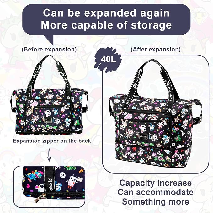 Tokidoki Unicorno Foldable Duffle Bag for Travel, 40L Expandable Weekender Bags with Trolley Sleeve Overnight Bags for Travelling(Black) - Image 6